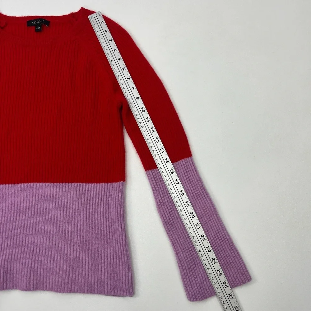 Ann Taylor 100% Cashmere Sweater Red Purple Colorblock Thick Plush *Kitten Soft*